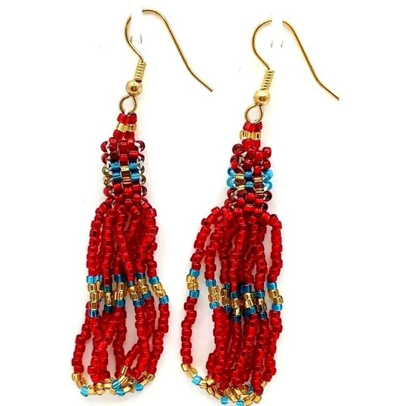 Red Handcrafted Boho Dangle Drop Earrings Beaded Tassel Resortwear Island Fash - Picture 1 of 3
